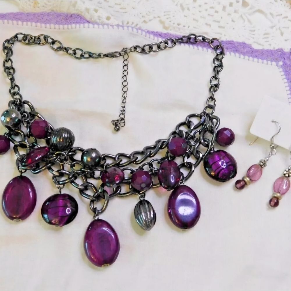 Purple Beaded Gunmetal Necklace and Purple Glass Earrings Set
